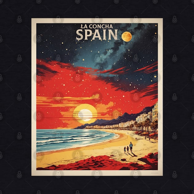 La Concha Beach Spain Starry Night Travel Tourism Retro Vintage Art by TravelersGems